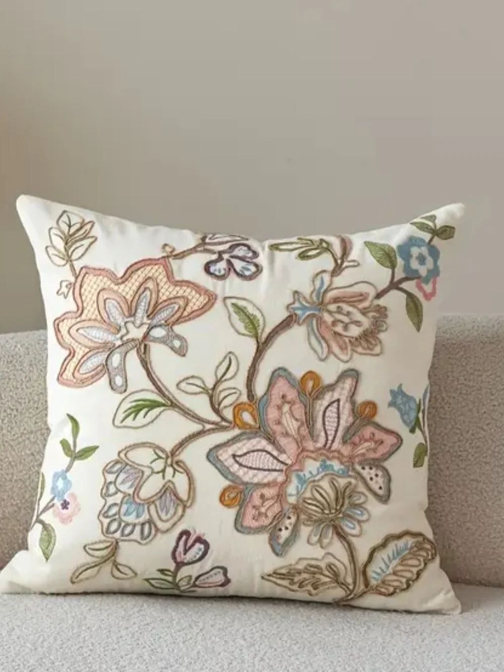 Embroidered Floral Accent Pillow in Cream with Pastel Blooms